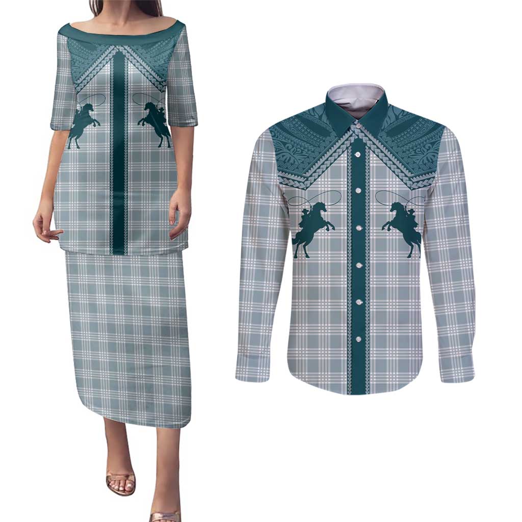 Aloha Hawaii Cowboys Paniolo Couples Matching Puletasi and Long Sleeve Button Shirt Teal Palaka LT7 Teal - Polynesian Pride