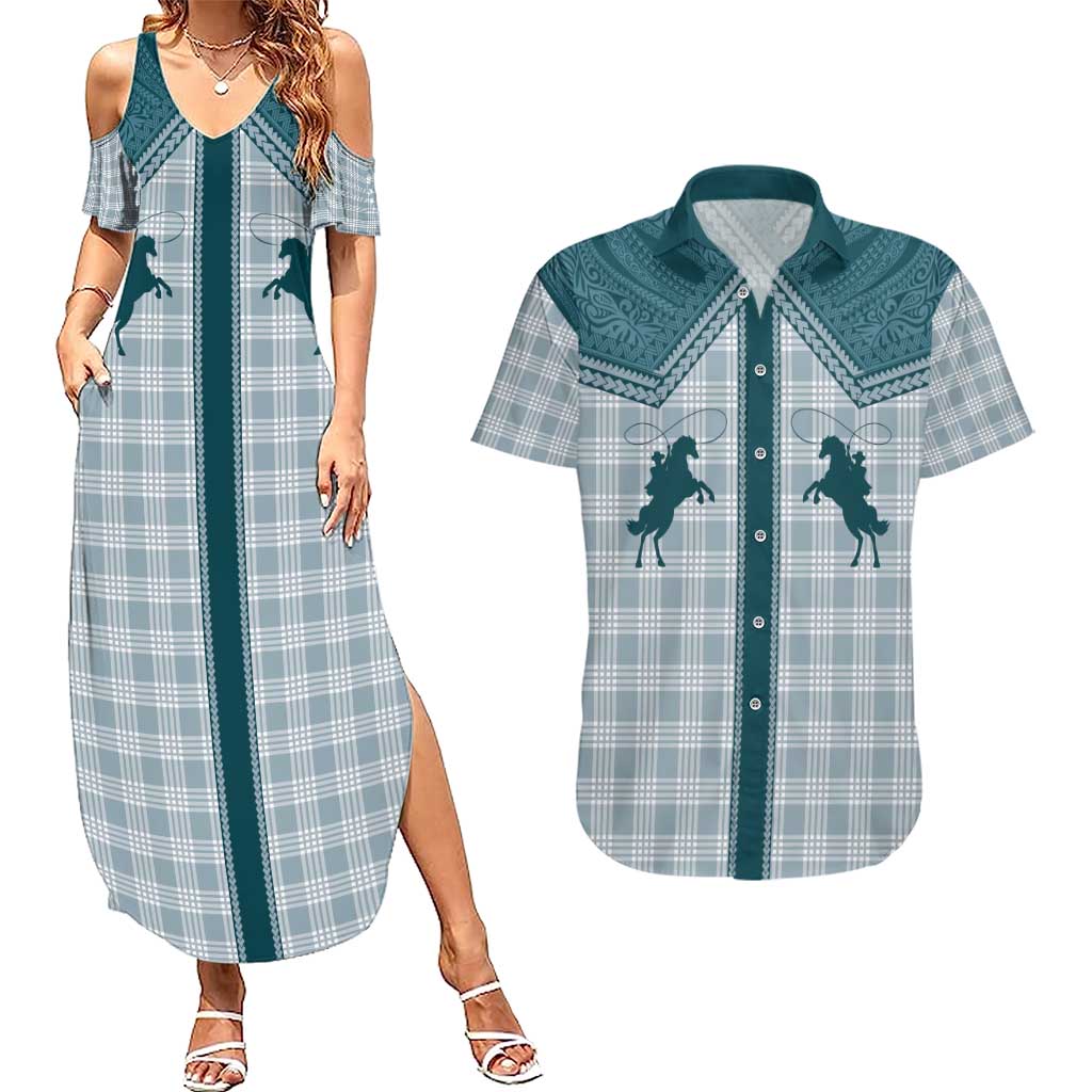 Aloha Hawaii Cowboys Paniolo Couples Matching Summer Maxi Dress and Hawaiian Shirt Teal Palaka - Polynesian Pride
