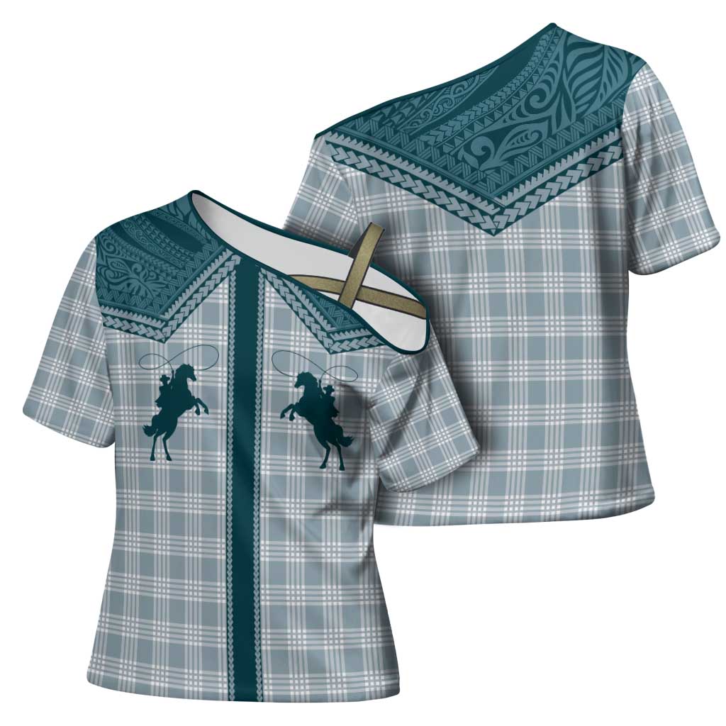 Aloha Hawaii Cowboys Paniolo Cross Shoulder Shirt Teal Palaka - Polynesian Pride