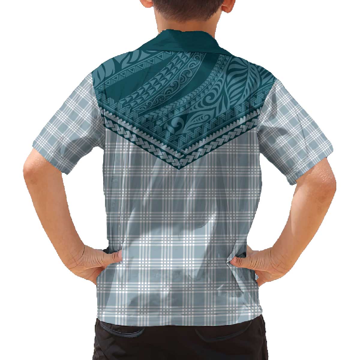 Aloha Hawaii Cowboys Paniolo Family Matching Off The Shoulder Long Sleeve Dress and Hawaiian Shirt Teal Palaka - Polynesian Pride