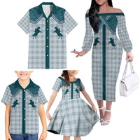 Aloha Hawaii Cowboys Paniolo Family Matching Off The Shoulder Long Sleeve Dress and Hawaiian Shirt Teal Palaka - Polynesian Pride