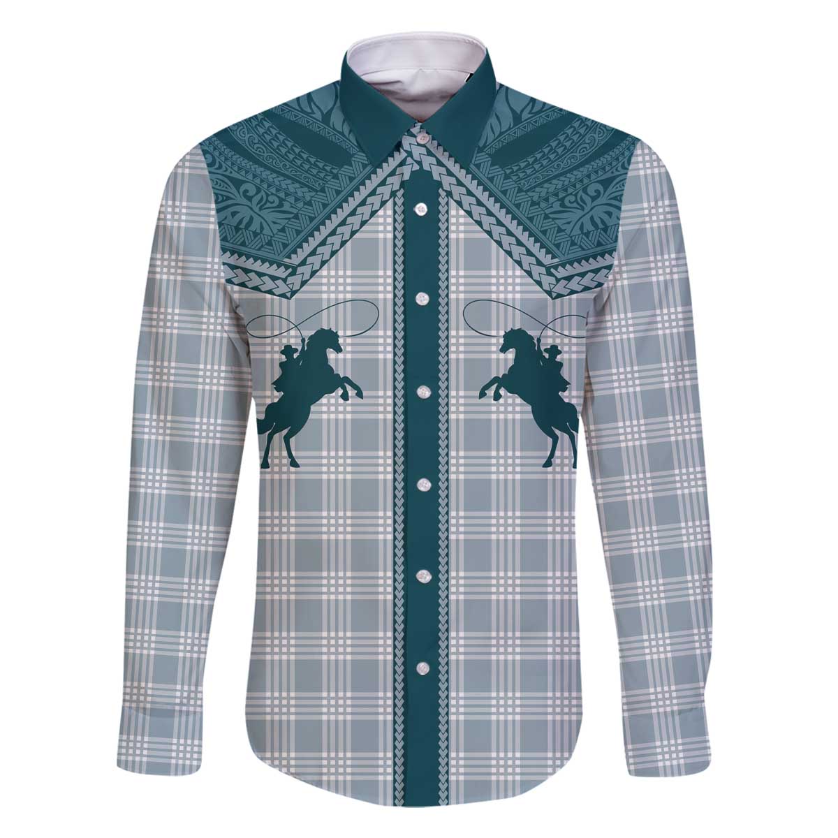 Aloha Hawaii Cowboys Paniolo Family Matching Off The Shoulder Long Sleeve Dress and Hawaiian Shirt Teal Palaka - Polynesian Pride