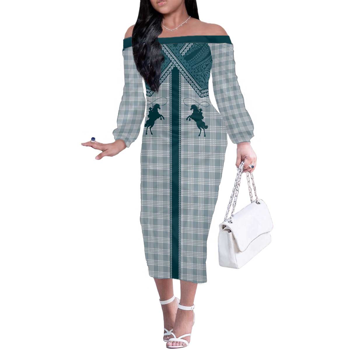 Aloha Hawaii Cowboys Paniolo Family Matching Off The Shoulder Long Sleeve Dress and Hawaiian Shirt Teal Palaka - Polynesian Pride