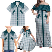 Aloha Hawaii Cowboys Paniolo Family Matching Off Shoulder Maxi Dress and Hawaiian Shirt Teal Palaka - Polynesian Pride