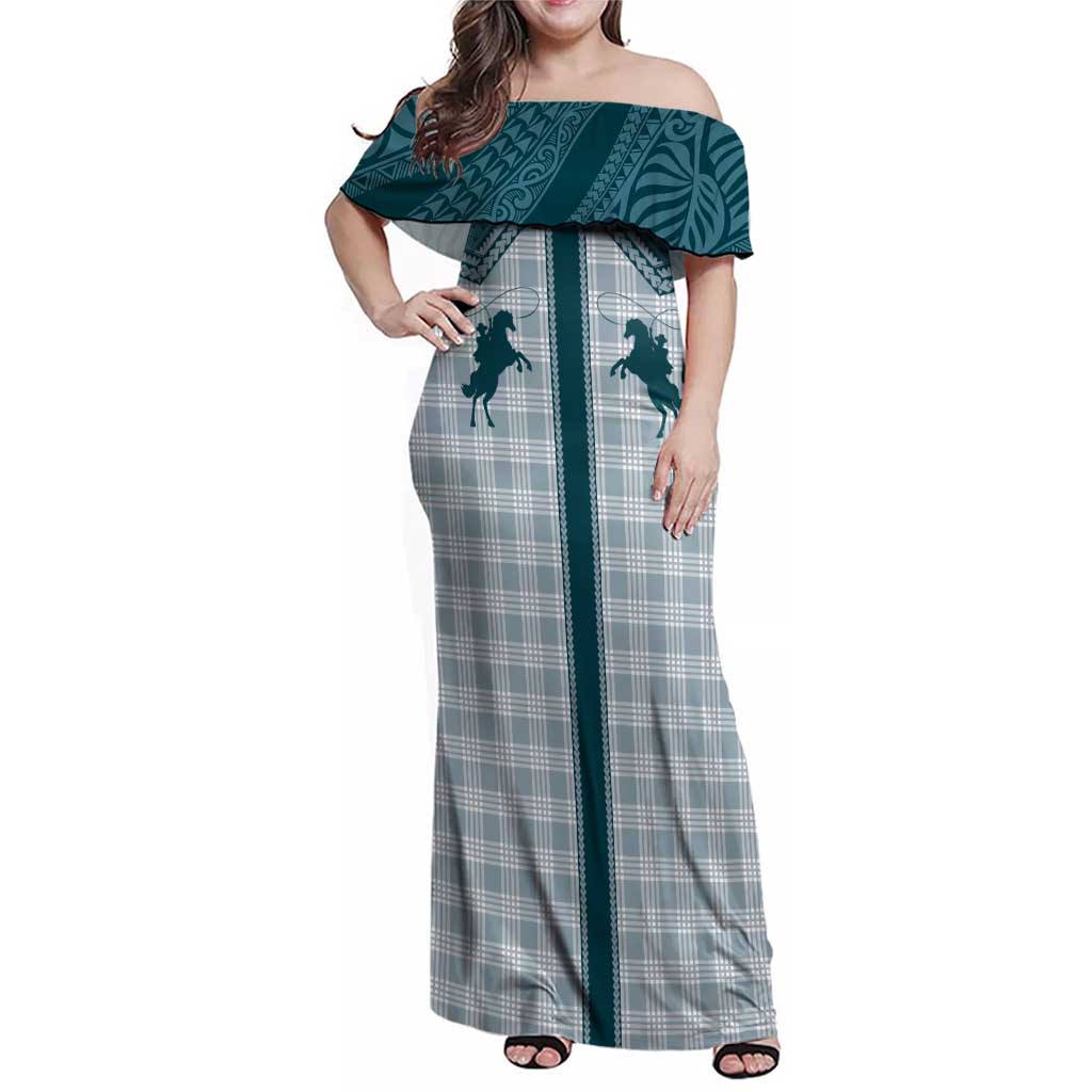 Aloha Hawaii Cowboys Paniolo Family Matching Off Shoulder Maxi Dress and Hawaiian Shirt Teal Palaka - Polynesian Pride