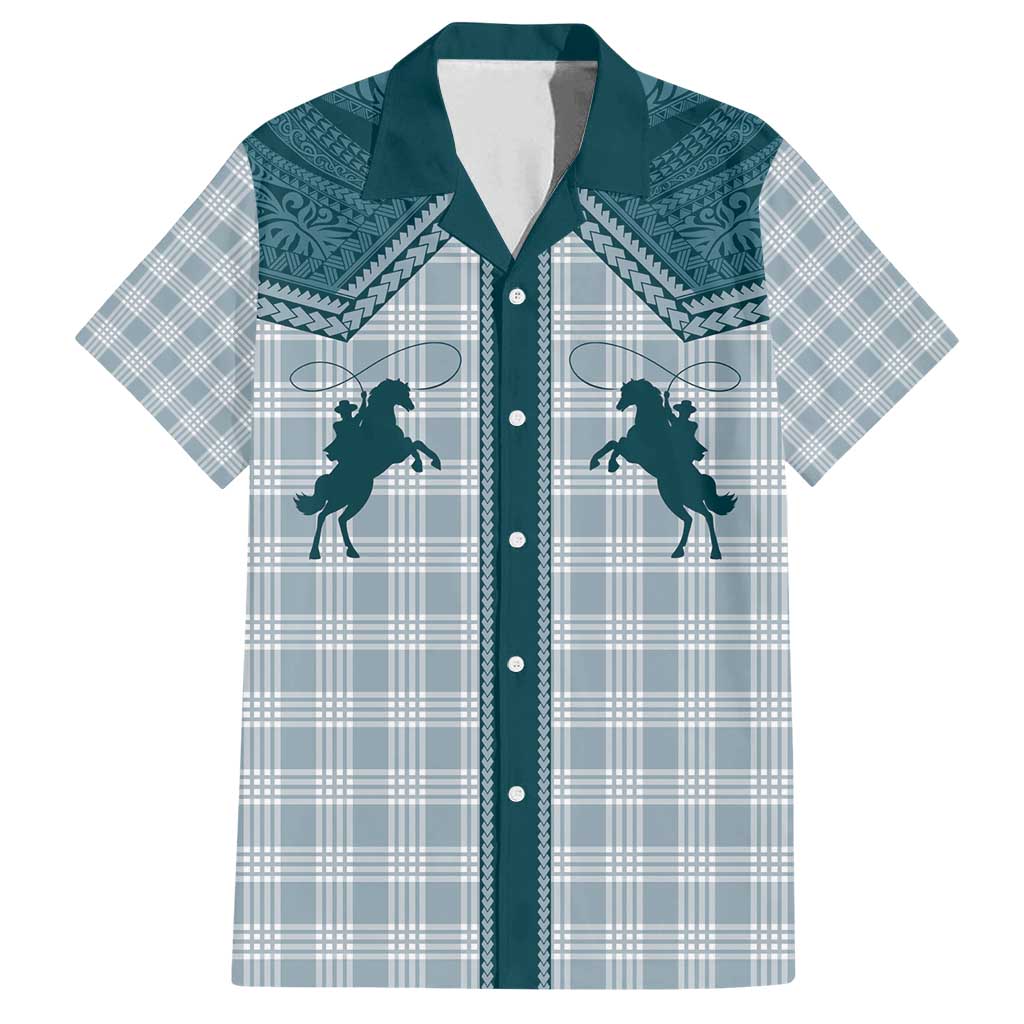 Aloha Hawaii Cowboys Paniolo Family Matching Off Shoulder Short Dress and Hawaiian Shirt Teal Palaka - Polynesian Pride