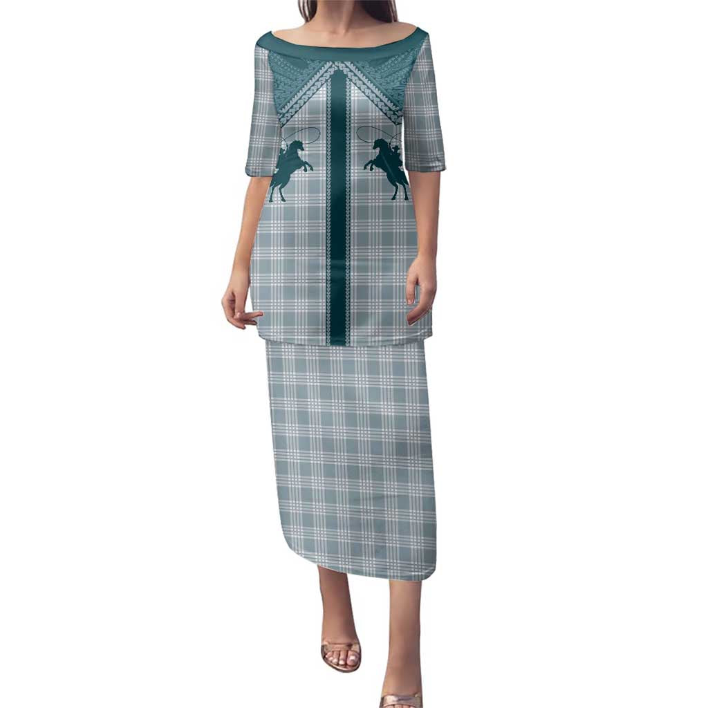 Aloha Hawaii Cowboys Paniolo Family Matching Puletasi and Hawaiian Shirt Teal Palaka - Polynesian Pride