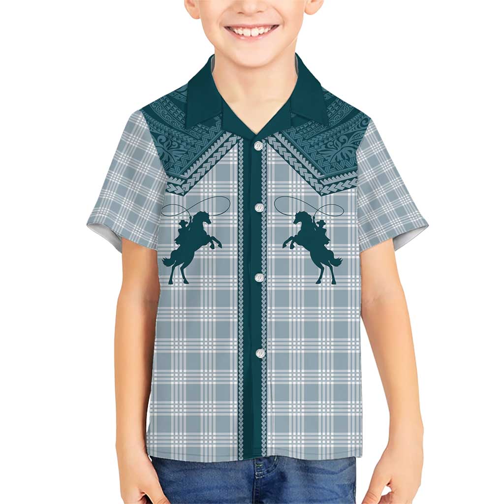 Aloha Hawaii Cowboys Paniolo Family Matching Short Sleeve Bodycon Dress and Hawaiian Shirt Teal Palaka - Polynesian Pride