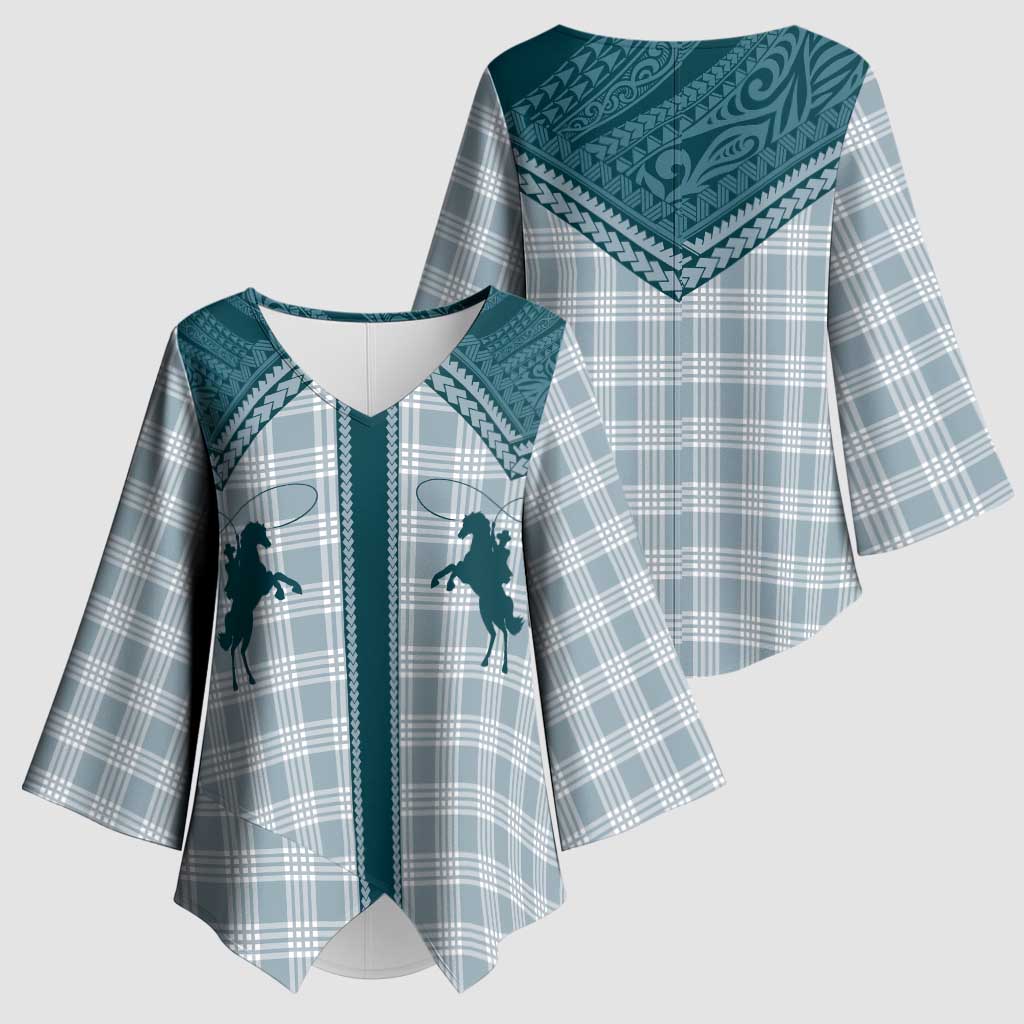 Aloha Hawaii Cowboys Paniolo Kimono Sleeve Blouse Teal Palaka - Polynesian Pride