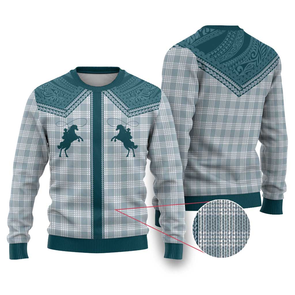 Aloha Hawaii Cowboys Paniolo Ugly Christmas Sweater Teal Palaka - Polynesian Pride