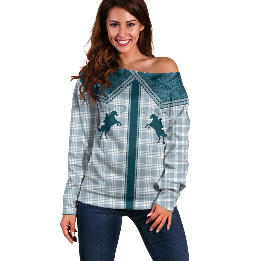 Aloha Hawaii Cowboys Paniolo Off Shoulder Sweater Teal Palaka - Polynesian Pride