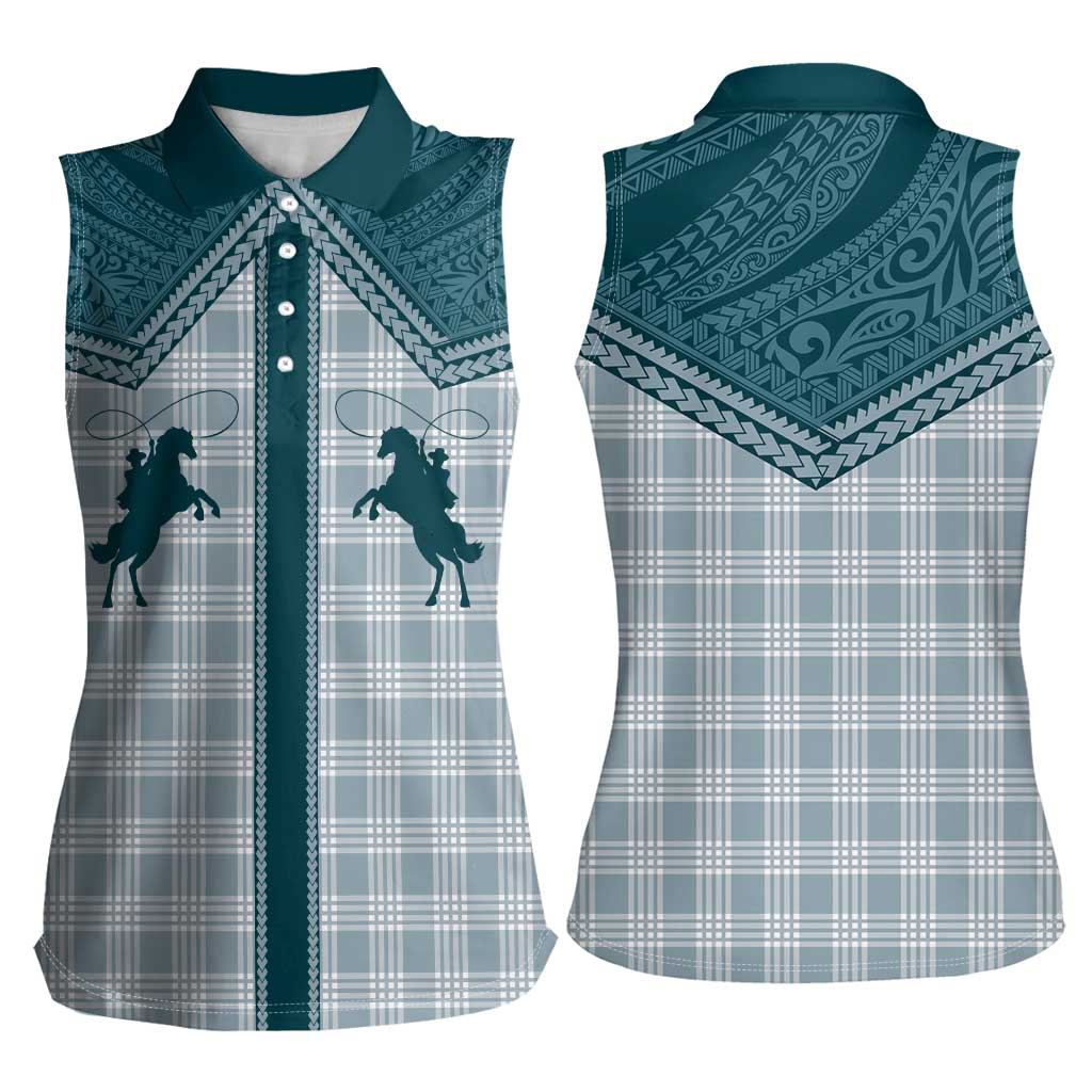 Aloha Hawaii Cowboys Paniolo Women Sleeveless Polo Shirt Teal Palaka - Polynesian Pride