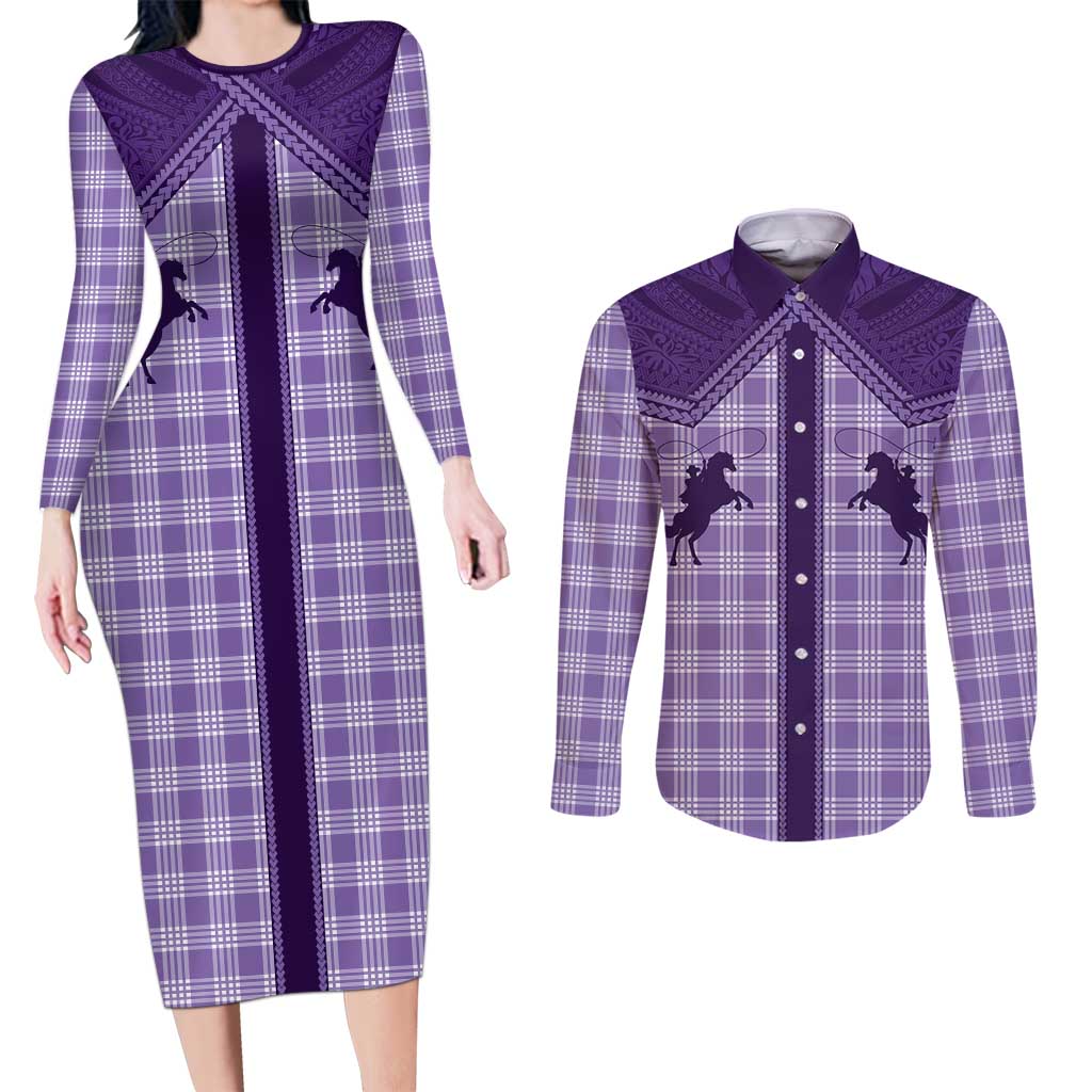 Aloha Hawaii Cowboys Paniolo Couples Matching Long Sleeve Bodycon Dress and Long Sleeve Button Shirt Violet Palaka - Polynesian Pride