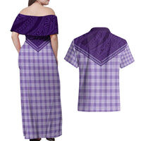 Aloha Hawaii Cowboys Paniolo Couples Matching Off Shoulder Maxi Dress and Hawaiian Shirt Violet Palaka - Polynesian Pride