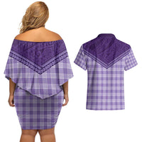 Aloha Hawaii Cowboys Paniolo Couples Matching Off Shoulder Short Dress and Hawaiian Shirt Violet Palaka - Polynesian Pride