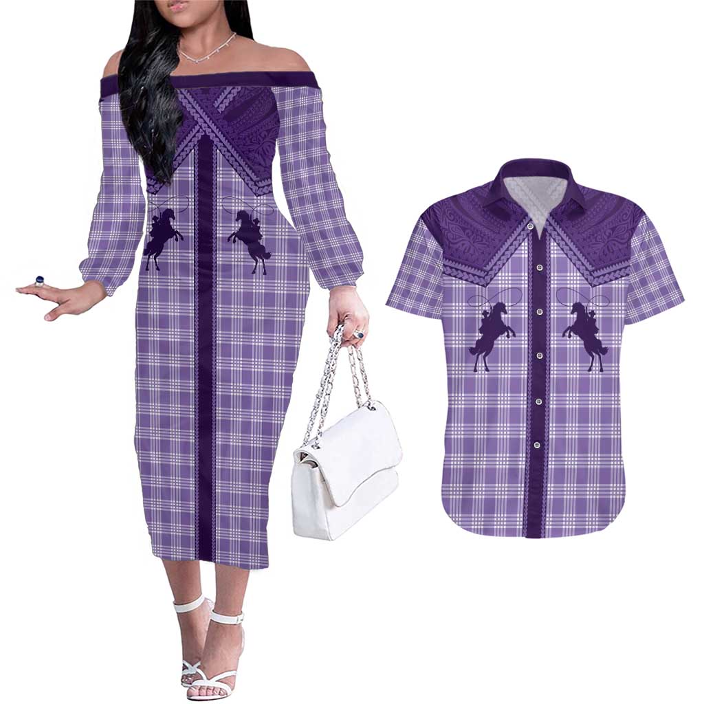 Aloha Hawaii Cowboys Paniolo Couples Matching Off The Shoulder Long Sleeve Dress and Hawaiian Shirt Violet Palaka - Polynesian Pride