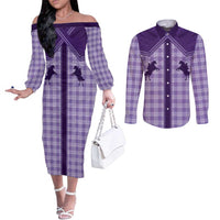 Aloha Hawaii Cowboys Paniolo Couples Matching Off The Shoulder Long Sleeve Dress and Long Sleeve Button Shirt Violet Palaka - Polynesian Pride