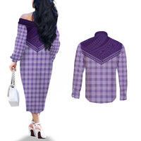Aloha Hawaii Cowboys Paniolo Couples Matching Off The Shoulder Long Sleeve Dress and Long Sleeve Button Shirt Violet Palaka - Polynesian Pride