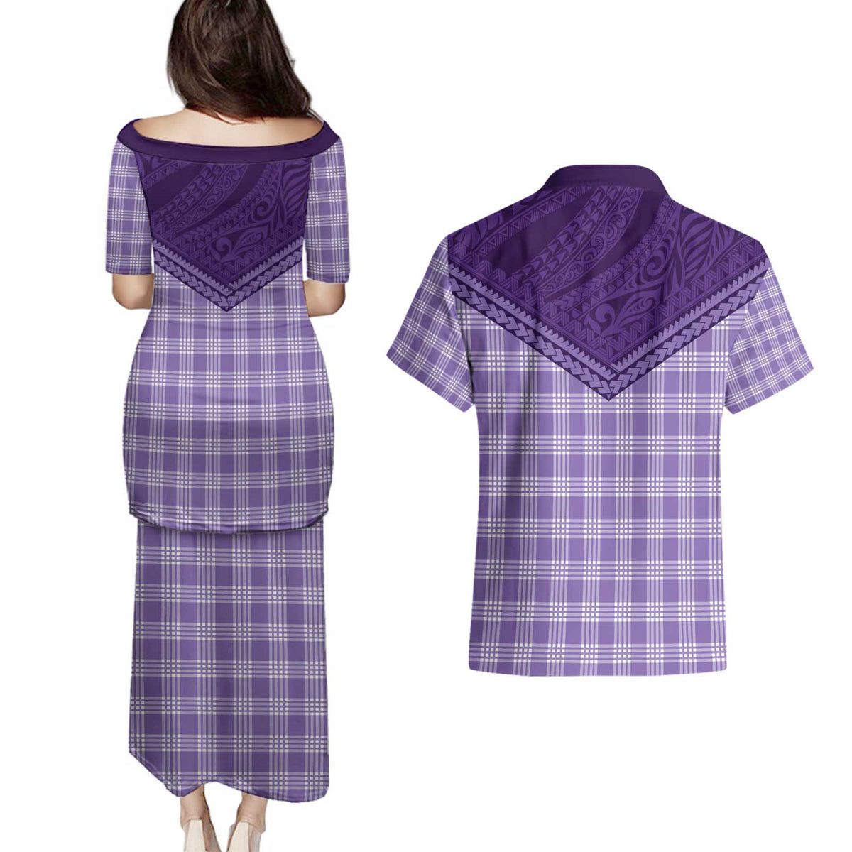 Aloha Hawaii Cowboys Paniolo Couples Matching Puletasi and Hawaiian Shirt Violet Palaka - Polynesian Pride