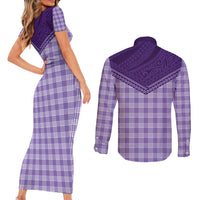 Aloha Hawaii Cowboys Paniolo Couples Matching Short Sleeve Bodycon Dress and Long Sleeve Button Shirt Violet Palaka - Polynesian Pride