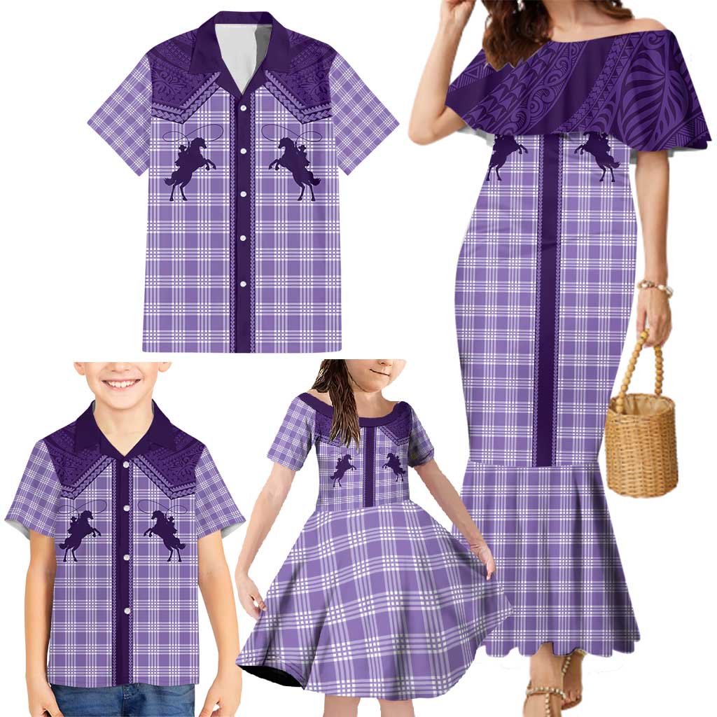 Aloha Hawaii Cowboys Paniolo Family Matching Mermaid Dress and Hawaiian Shirt Violet Palaka - Polynesian Pride