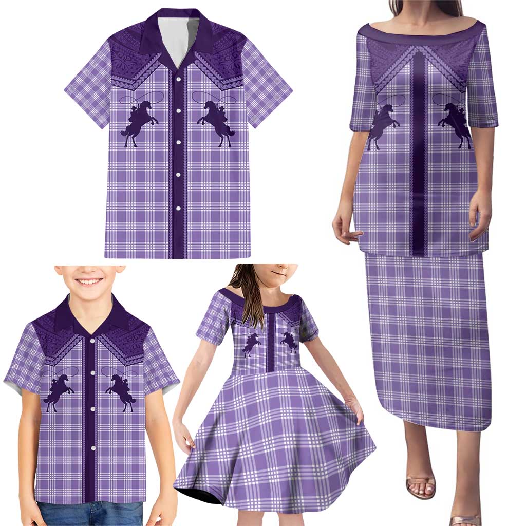Aloha Hawaii Cowboys Paniolo Family Matching Puletasi and Hawaiian Shirt Violet Palaka - Polynesian Pride