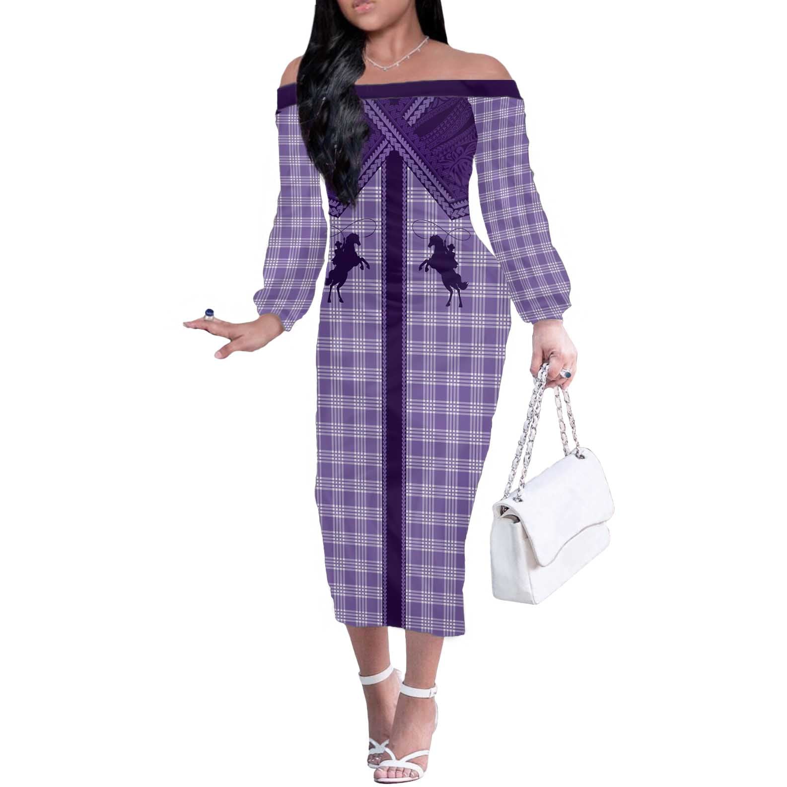 Aloha Hawaii Cowboys Paniolo Off The Shoulder Long Sleeve Dress Violet Palaka - Polynesian Pride