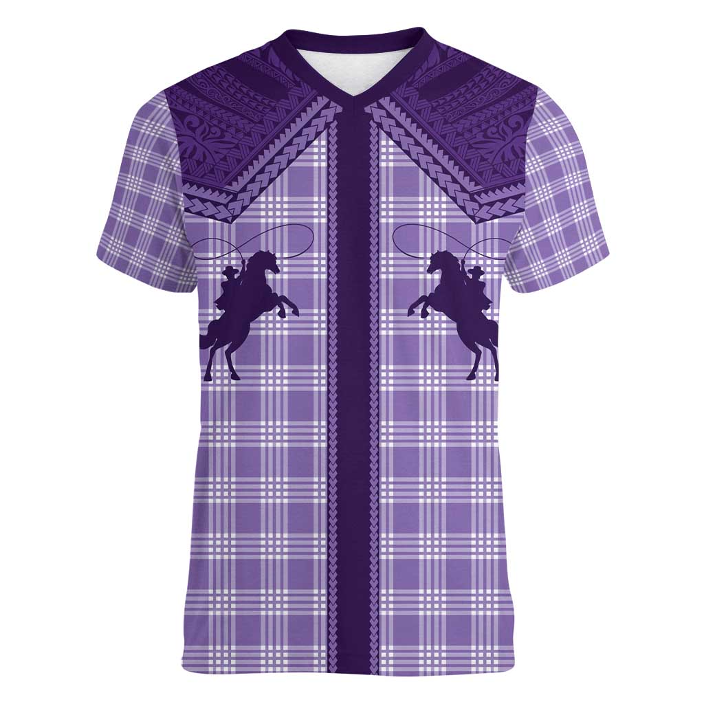 Aloha Hawaii Cowboys Paniolo Women V-Neck T-Shirt Violet Palaka LT7 Female Purple - Polynesian Pride