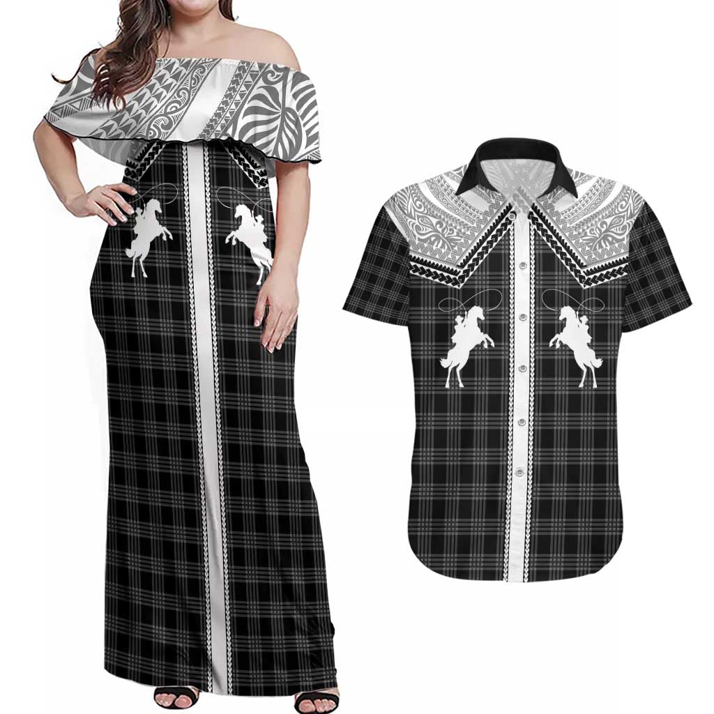 Aloha Hawaii Cowboys Paniolo Couples Matching Off Shoulder Maxi Dress and Hawaiian Shirt Black Palaka - Polynesian Pride