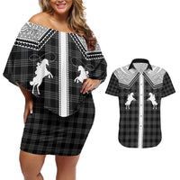 Aloha Hawaii Cowboys Paniolo Couples Matching Off Shoulder Short Dress and Hawaiian Shirt Black Palaka - Polynesian Pride