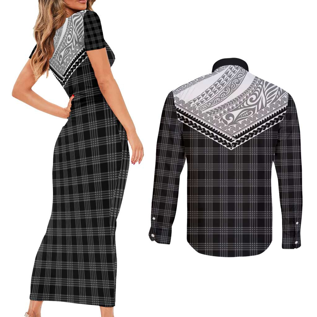 Aloha Hawaii Cowboys Paniolo Couples Matching Short Sleeve Bodycon Dress and Long Sleeve Button Shirt Black Palaka - Polynesian Pride