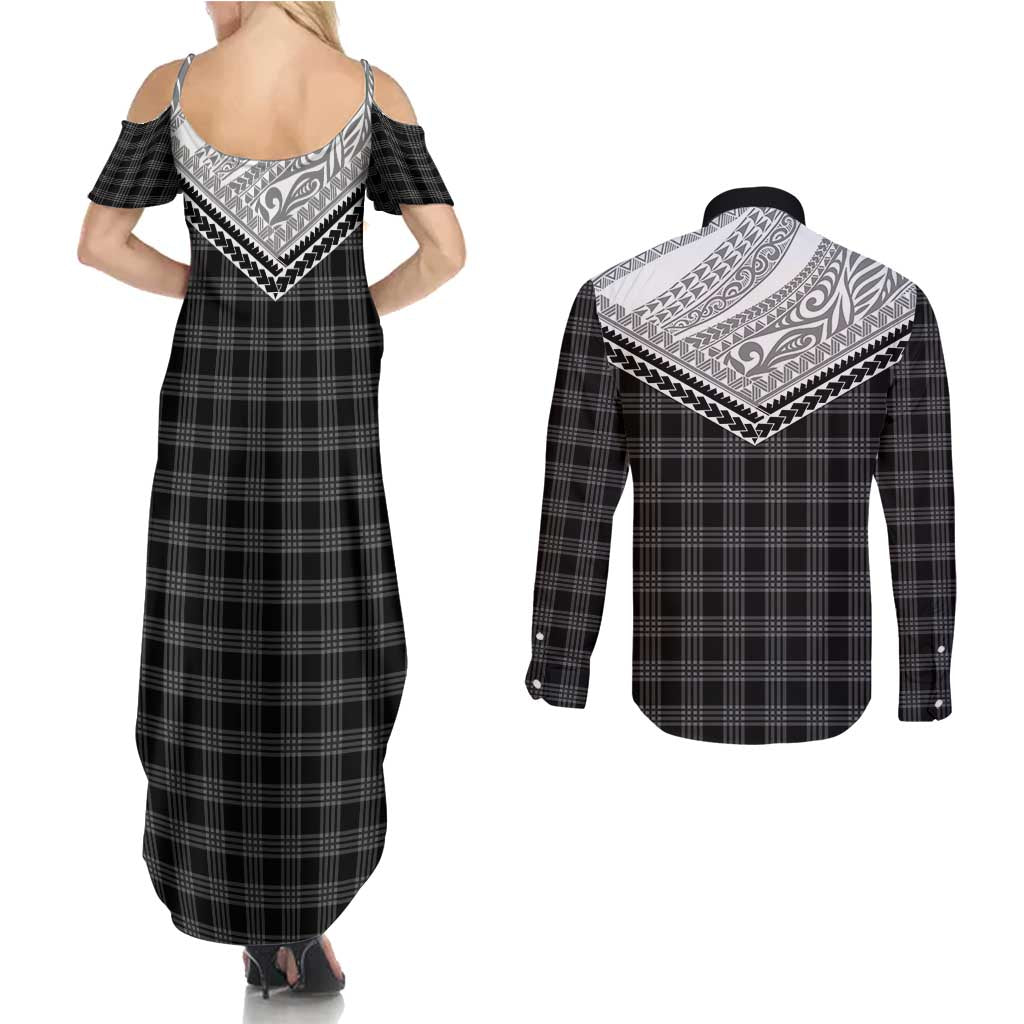 Aloha Hawaii Cowboys Paniolo Couples Matching Summer Maxi Dress and Long Sleeve Button Shirt Black Palaka - Polynesian Pride