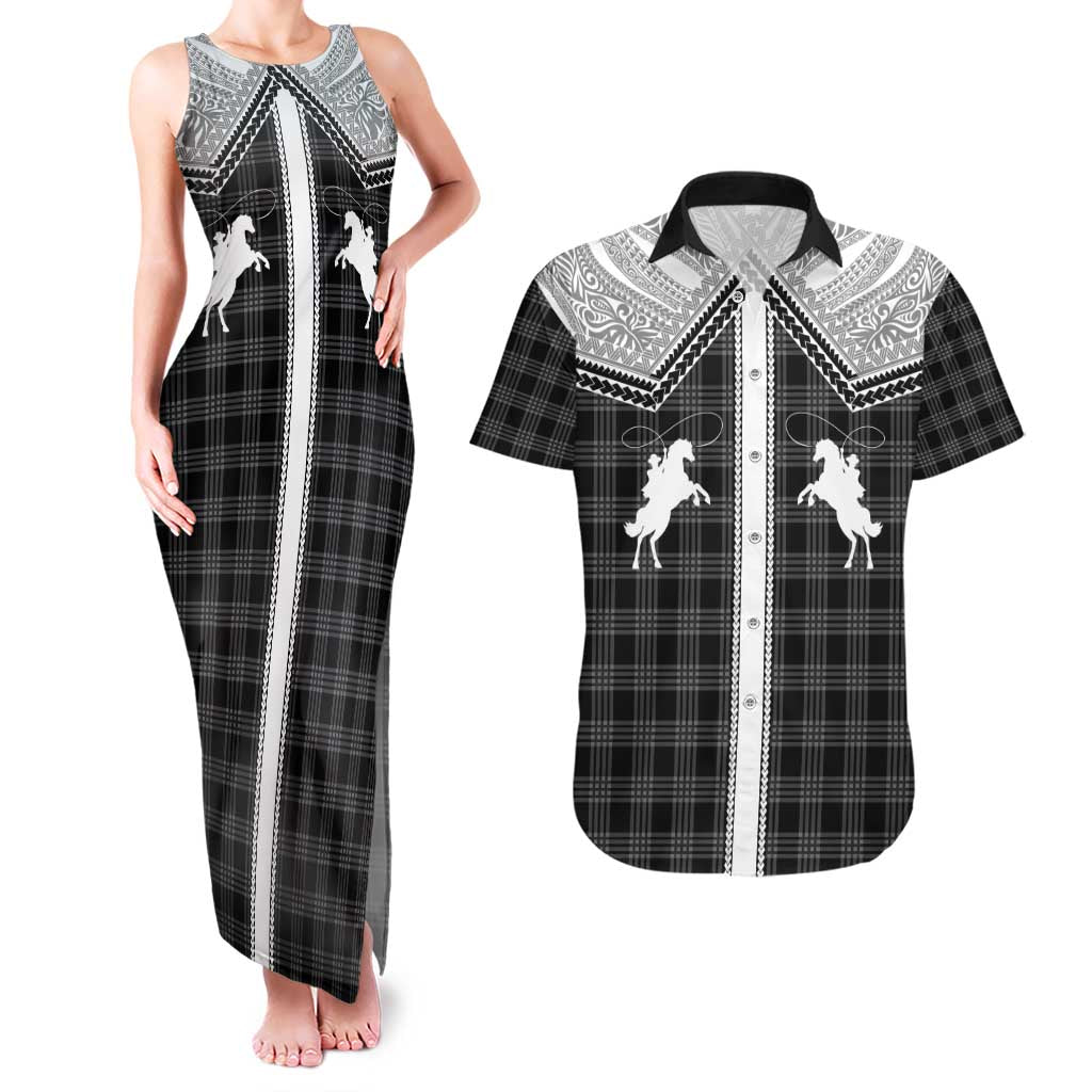 Aloha Hawaii Cowboys Paniolo Couples Matching Tank Maxi Dress and Hawaiian Shirt Black Palaka - Polynesian Pride