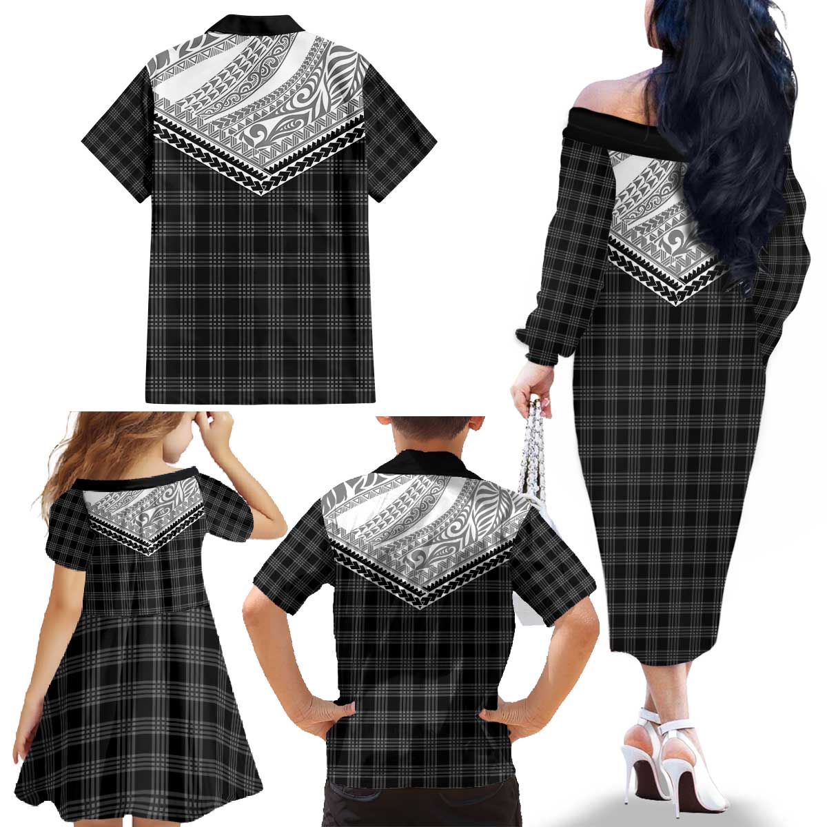 Aloha Hawaii Cowboys Paniolo Family Matching Off The Shoulder Long Sleeve Dress and Hawaiian Shirt Black Palaka - Polynesian Pride