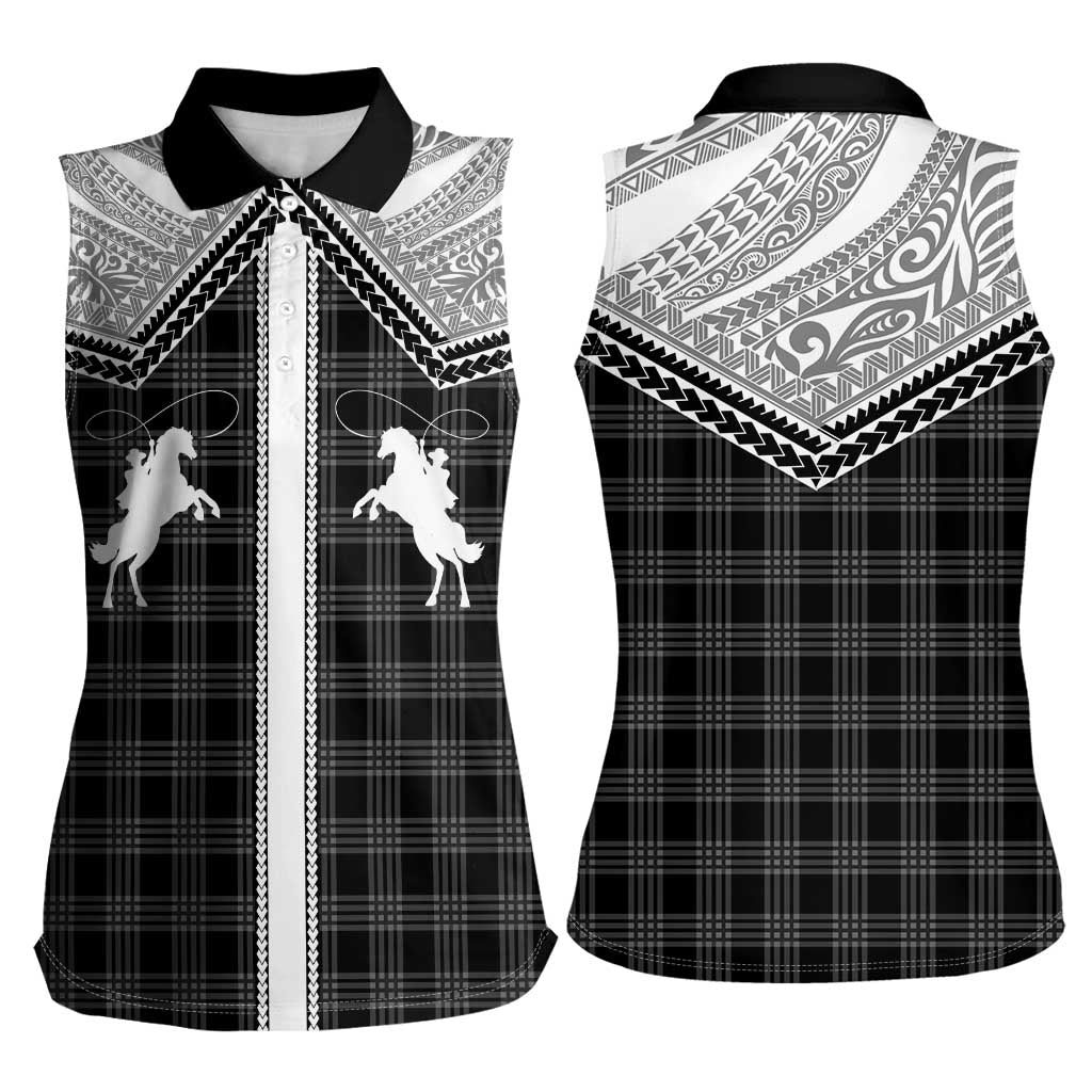 Aloha Hawaii Cowboys Paniolo Women Sleeveless Polo Shirt Black Palaka - Polynesian Pride