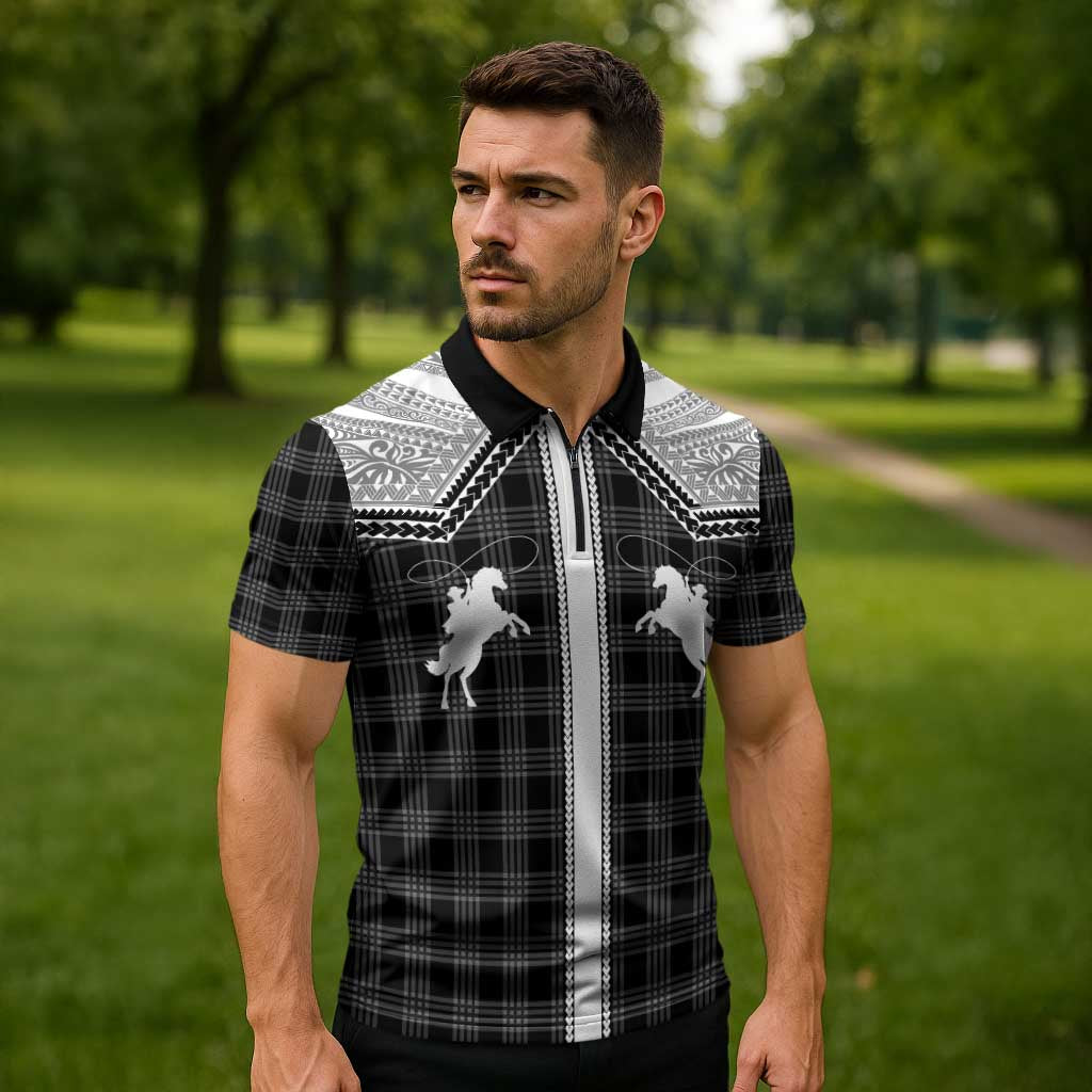 Aloha Hawaii Cowboys Paniolo Zipper Polo Shirt Black Palaka - Polynesian Pride