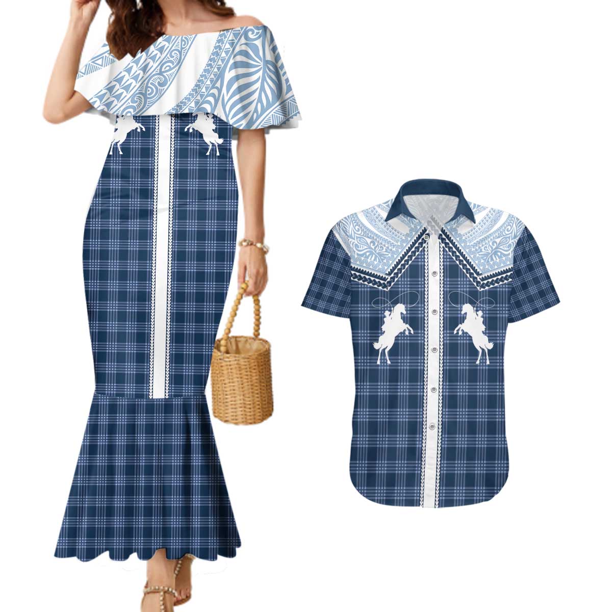 Aloha Hawaii Cowboys Paniolo Couples Matching Mermaid Dress and Hawaiian Shirt Navy Blue Palaka - Polynesian Pride