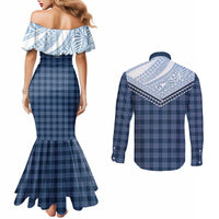 Aloha Hawaii Cowboys Paniolo Couples Matching Mermaid Dress and Long Sleeve Button Shirt Navy Blue Palaka - Polynesian Pride
