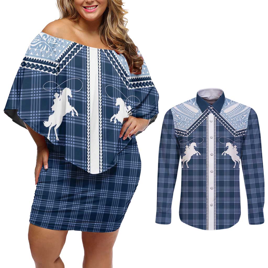 Aloha Hawaii Cowboys Paniolo Couples Matching Off Shoulder Short Dress and Long Sleeve Button Shirt Navy Blue Palaka - Polynesian Pride