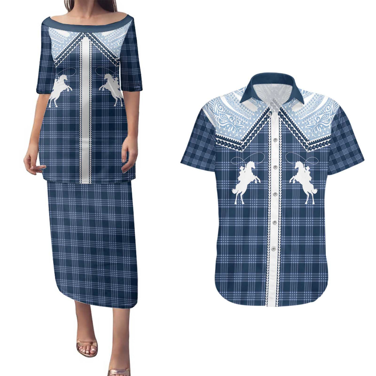 Aloha Hawaii Cowboys Paniolo Couples Matching Puletasi and Hawaiian Shirt Navy Blue Palaka - Polynesian Pride