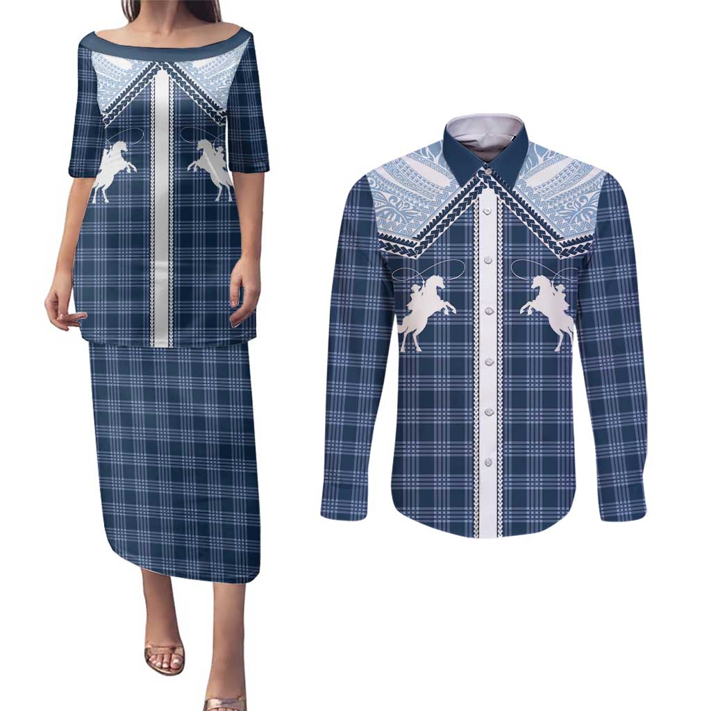 Aloha Hawaii Cowboys Paniolo Couples Matching Puletasi and Long Sleeve Button Shirt Navy Blue Palaka - Polynesian Pride