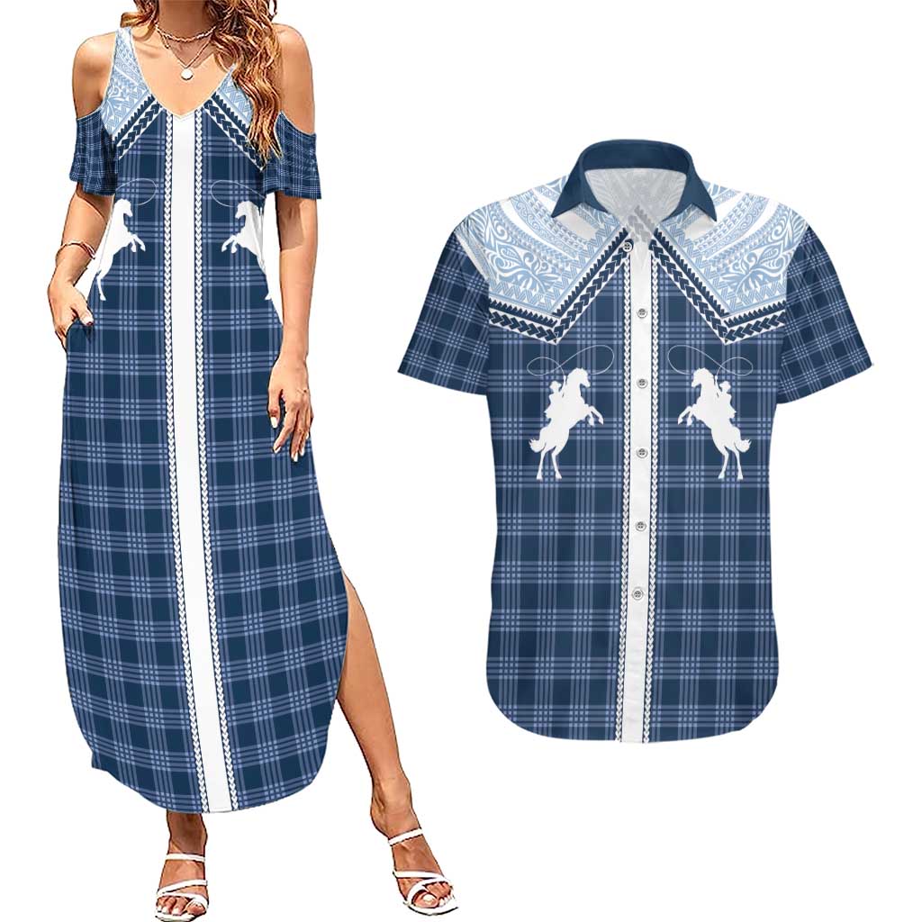 Aloha Hawaii Cowboys Paniolo Couples Matching Summer Maxi Dress and Hawaiian Shirt Navy Blue Palaka - Polynesian Pride