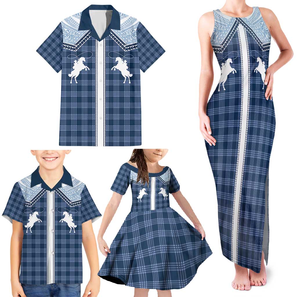 Aloha Hawaii Cowboys Paniolo Family Matching Tank Maxi Dress and Hawaiian Shirt Navy Blue Palaka - Polynesian Pride