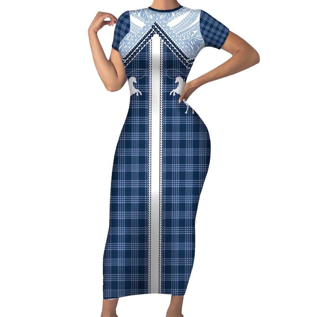 Aloha Hawaii Cowboys Paniolo Short Sleeve Bodycon Dress Navy Blue Palaka - Polynesian Pride
