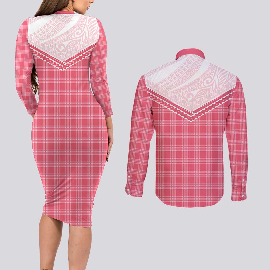 Aloha Hawaii Cowboys Paniolo Couples Matching Long Sleeve Bodycon Dress and Long Sleeve Button Shirt Rose Palaka - Polynesian Pride