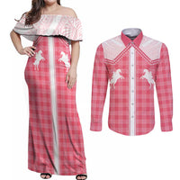 Aloha Hawaii Cowboys Paniolo Couples Matching Off Shoulder Maxi Dress and Long Sleeve Button Shirt Rose Palaka - Polynesian Pride