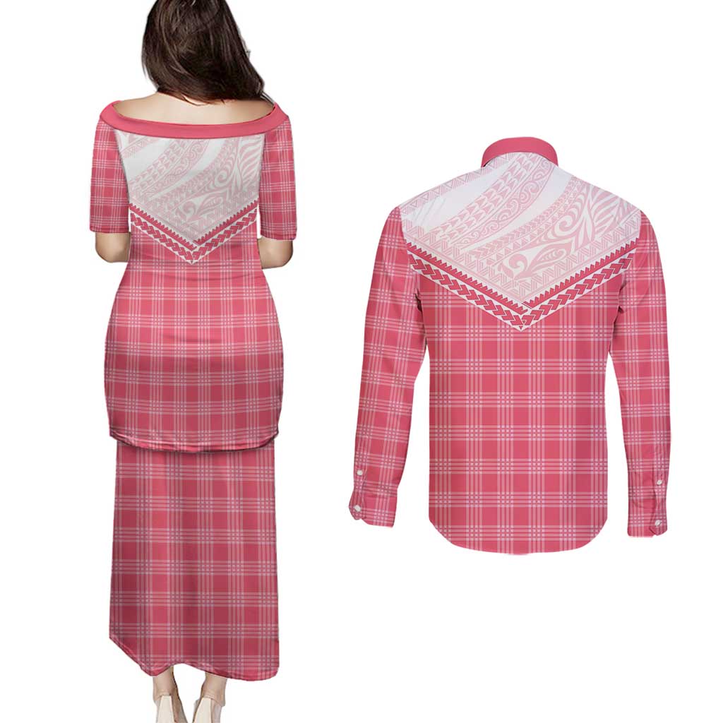 Aloha Hawaii Cowboys Paniolo Couples Matching Puletasi and Long Sleeve Button Shirt Rose Palaka - Polynesian Pride