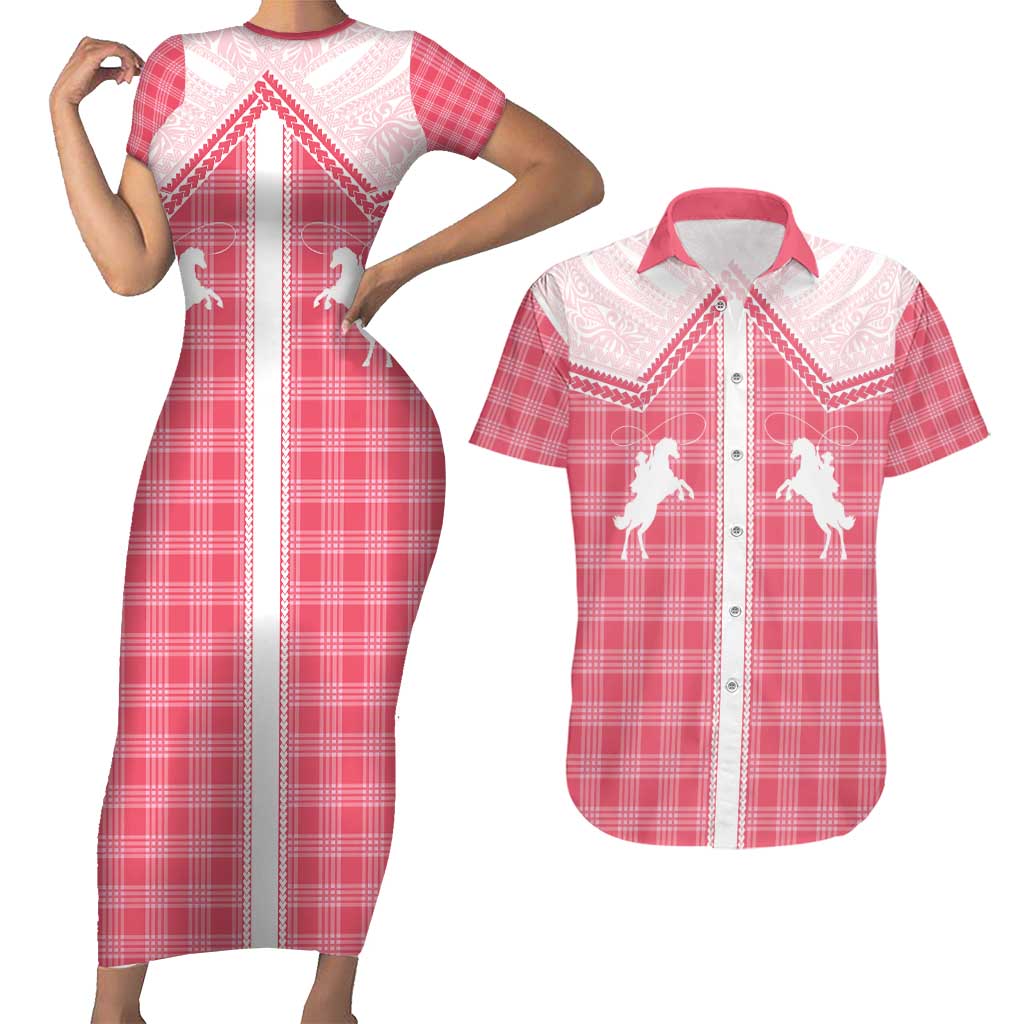 Aloha Hawaii Cowboys Paniolo Couples Matching Short Sleeve Bodycon Dress and Hawaiian Shirt Rose Palaka - Polynesian Pride