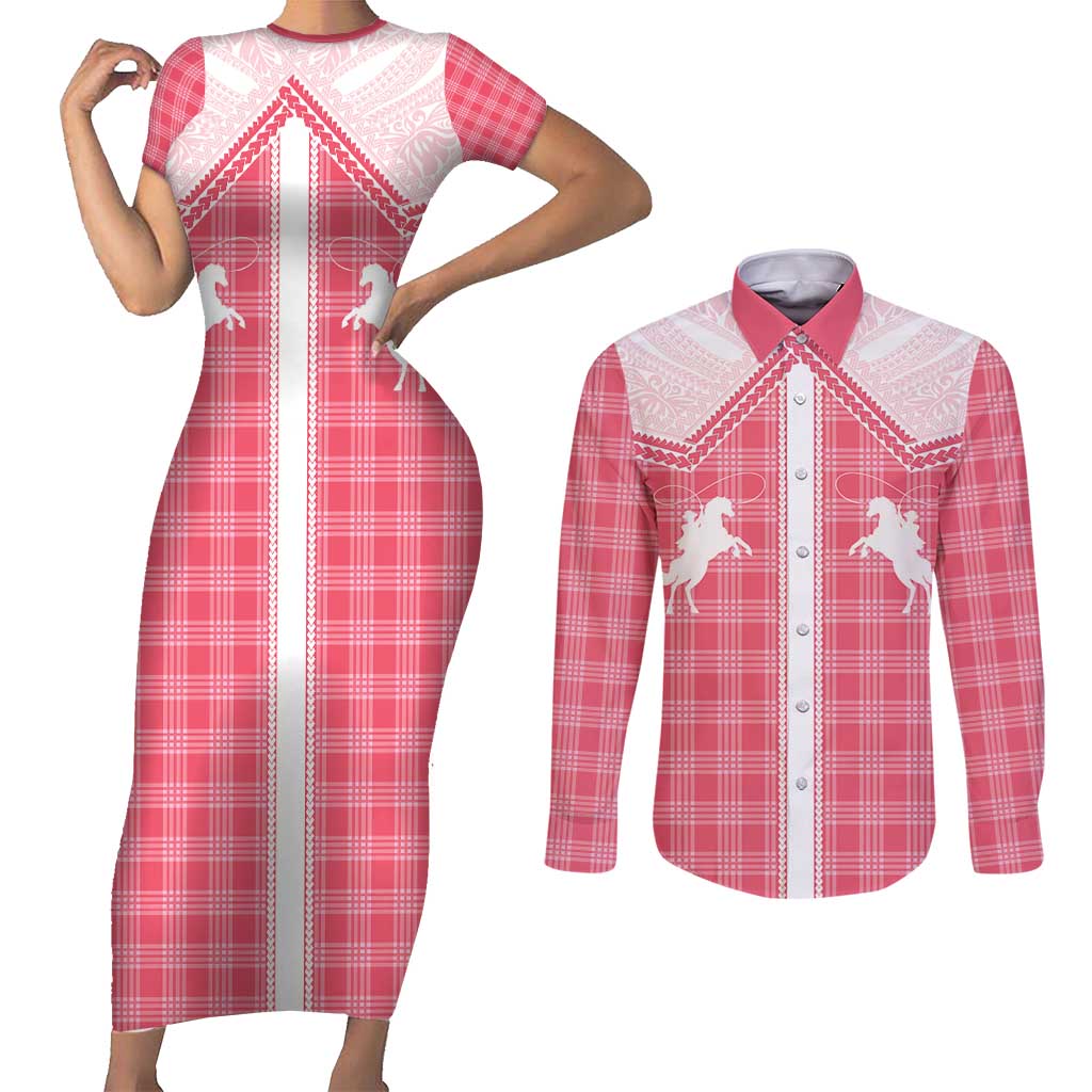 Aloha Hawaii Cowboys Paniolo Couples Matching Short Sleeve Bodycon Dress and Long Sleeve Button Shirt Rose Palaka - Polynesian Pride