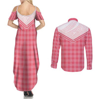 Aloha Hawaii Cowboys Paniolo Couples Matching Summer Maxi Dress and Long Sleeve Button Shirt Rose Palaka - Polynesian Pride